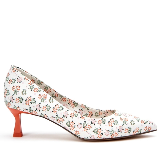 NWOT Katy Perry The Golden Pump Pointed Toe Kitten Heels in Orange Floral Multi - Picture 1 of 9